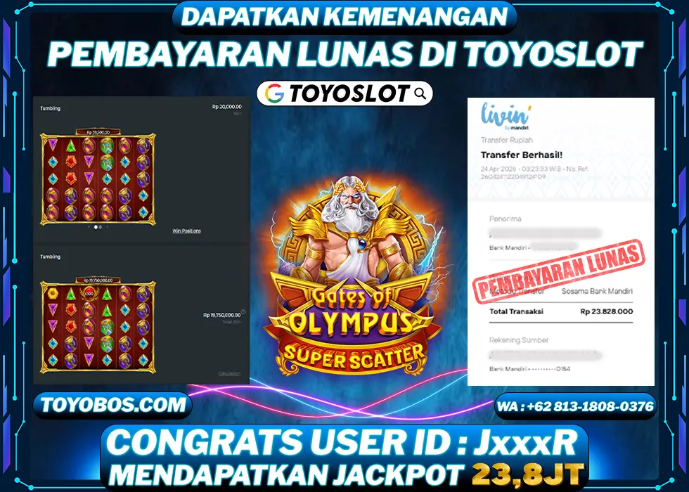 TOYOSLOT - BUKTI KEMENANGAN Gates Of Olympus Superscatter Rp23,800,000,- LUNAS